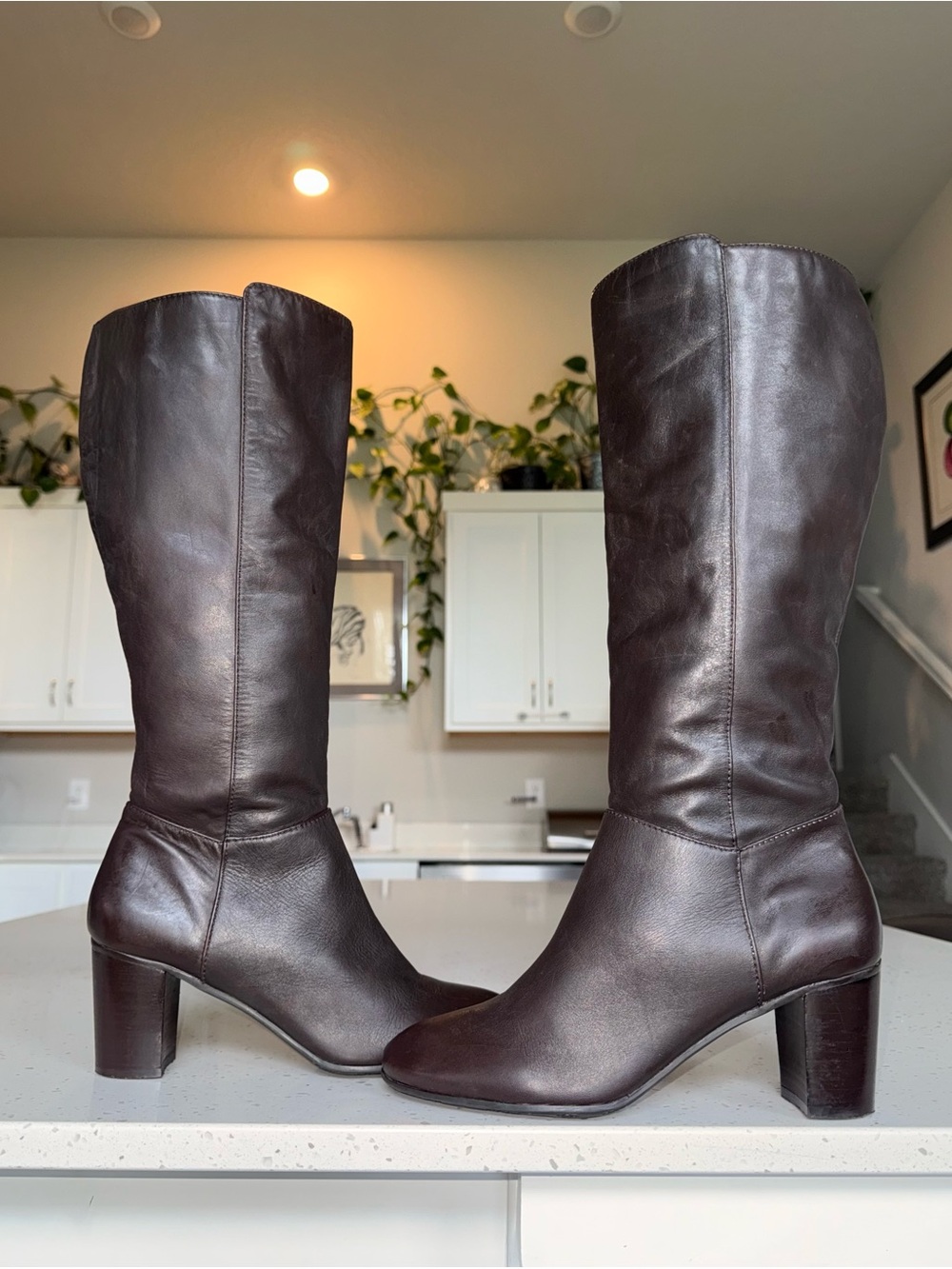 Arturo Chiang Dark Brown Leather Knee-High Block Heel Boots